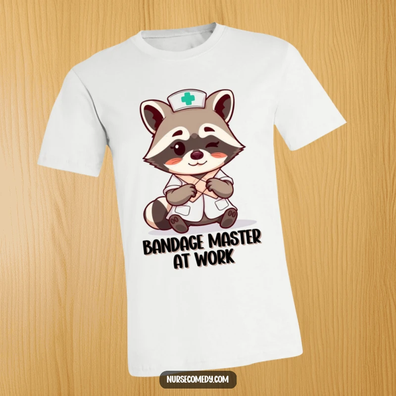 Funny raccoon nurse character tying a bandage expertly with a wink on a t-shirt, celebrating medical professionals.