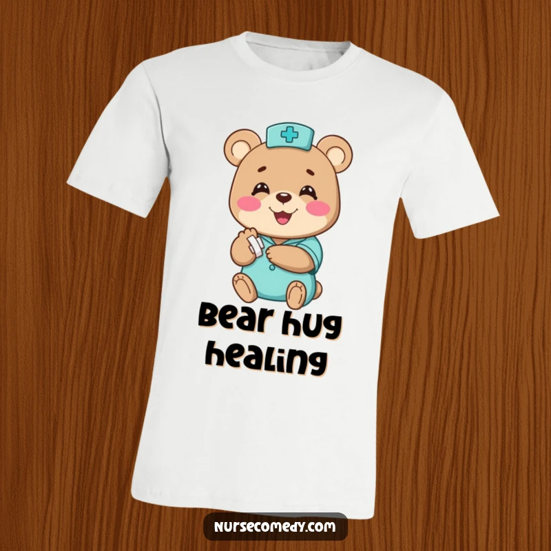 Funny bear nurse t-shirt, a happy character comically bandaging a small paw with a big smile, ideal funny gift.