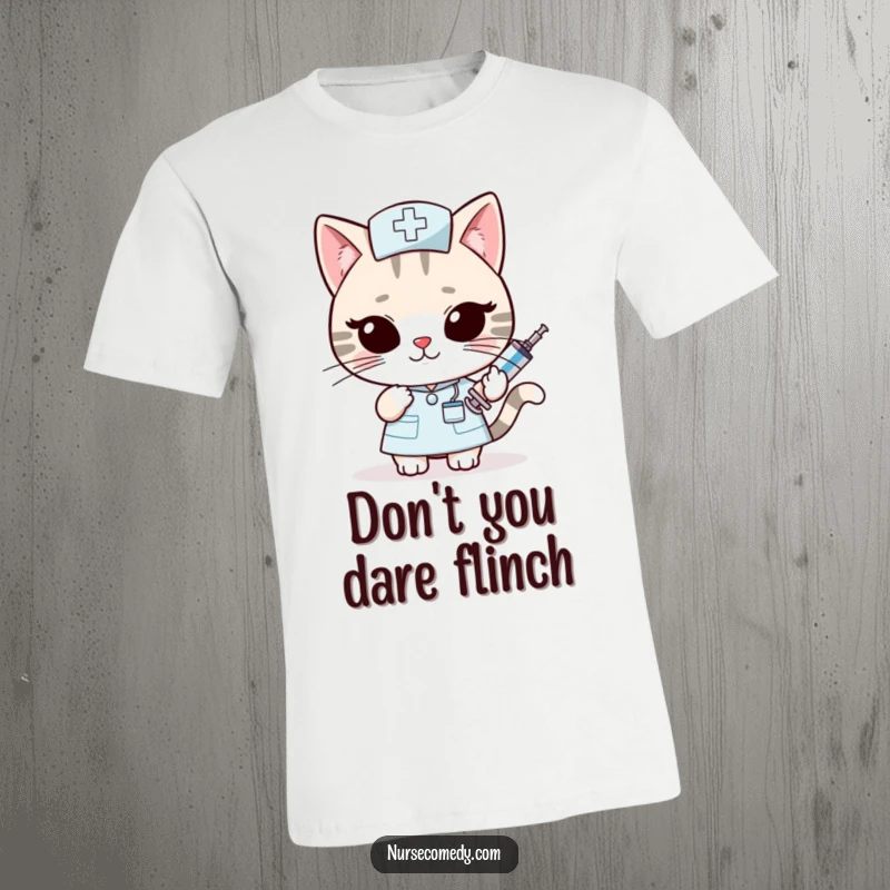 Funny Kawaii Cat Nurse T-Shirt: Slyly offering a tiny, oversized syringe with a knowing wink, humorously mischievous. A great funny gift.