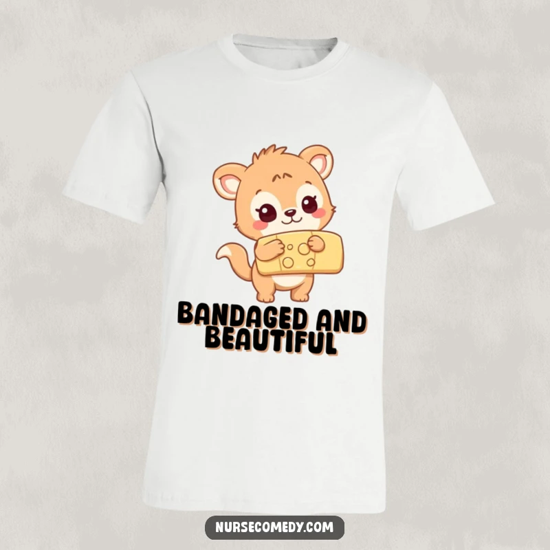 Funny curious animal character examining a large colorful bandage, whimsical t-shirt, great for everyday wear.