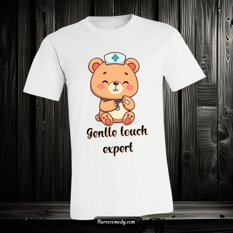 A gentle bear dressed as a nurse, cheerfully bandaging a tiny paw, printed on a t-shirt, a humorous and comforting funny gift.
