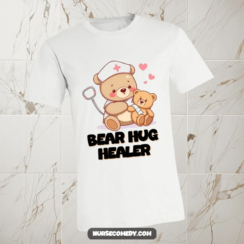 Funny bear nurse t-shirt with a bear happily bandaging a teddy bear's limb, offering a humorous and heartwarming depiction of care.