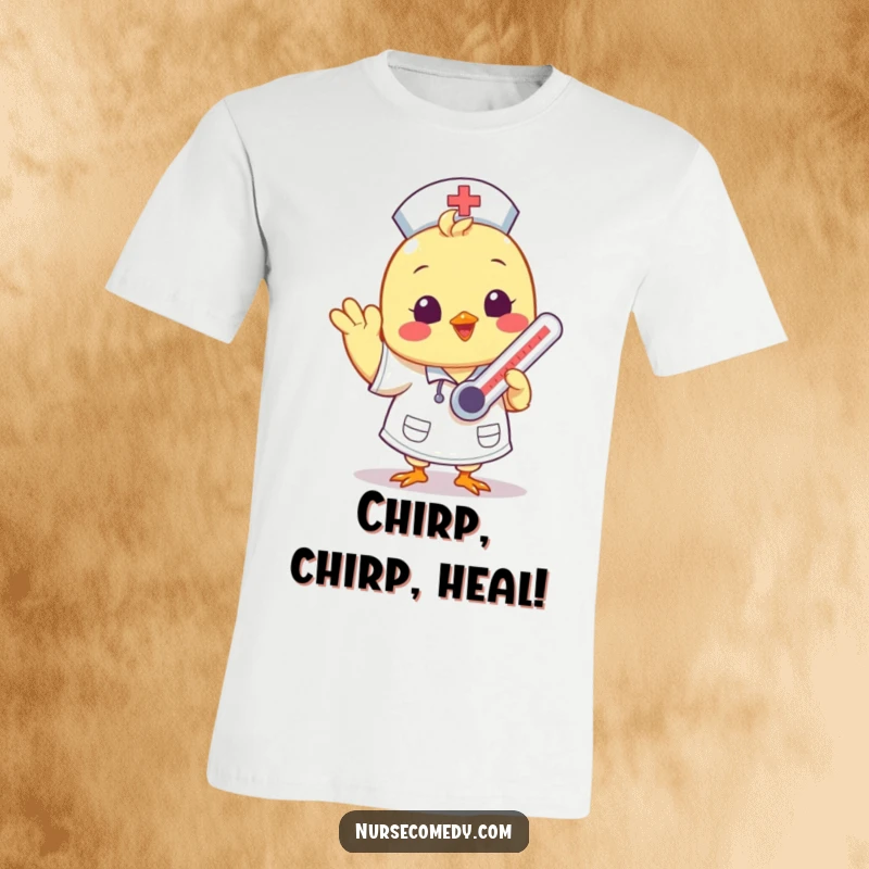 Funny Kawaii chick nurse waving cheerfully with a thermometer on a t-shirt, cute healthcare apparel.