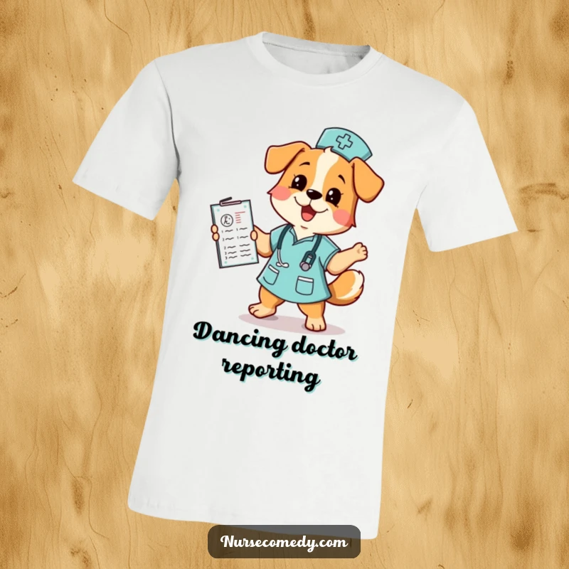 Funny dog nurse t-shirt showcasing a happy dog in scrubs dancing with a medical chart, spreading smiles and good vibes.