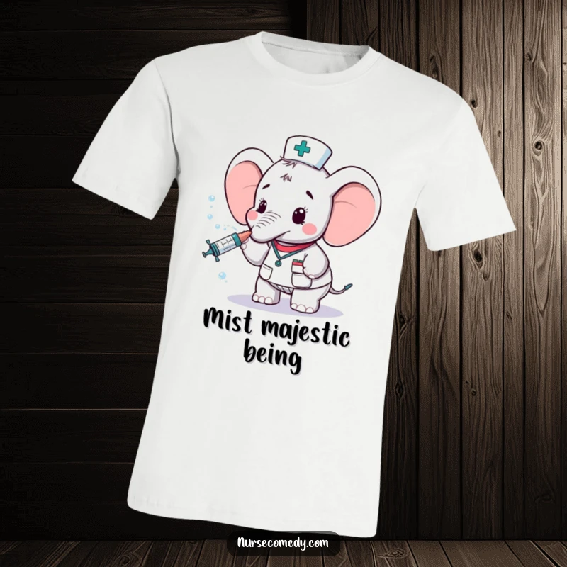 Funny elephant nurse character in a t-shirt, spraying water from a syringe with a delightful expression, a unique nurse appreciation gift.
