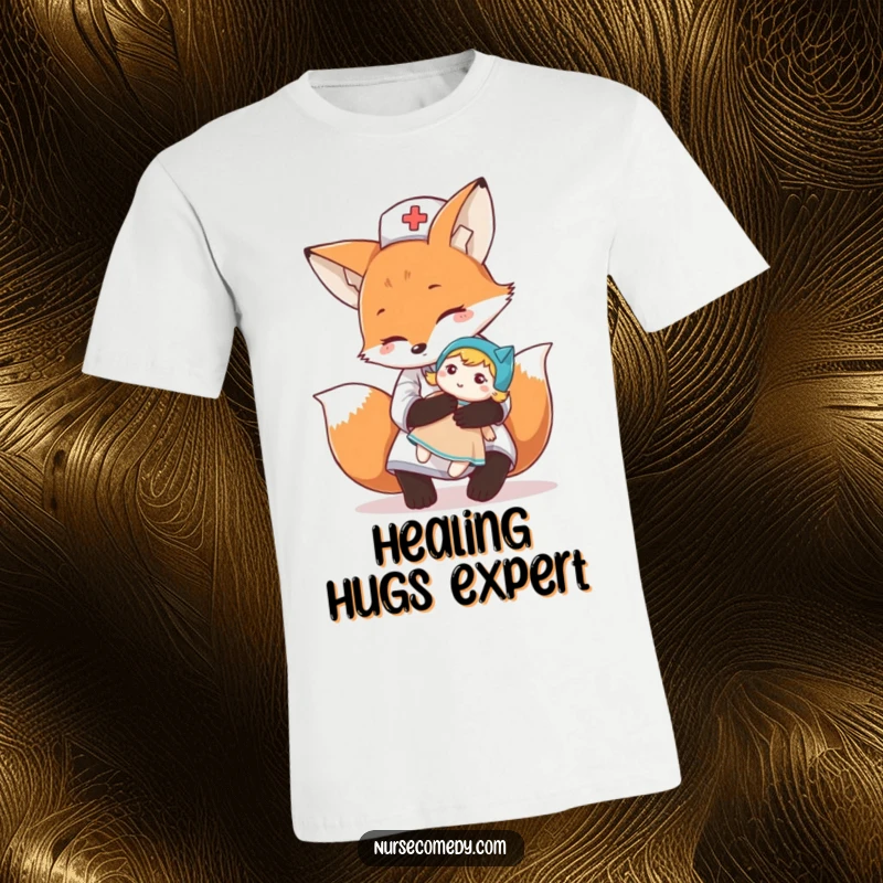 Funny fox nurse character in an embrace, offering a comforting hug to a doll on a soft t-shirt, ideal funny gift.