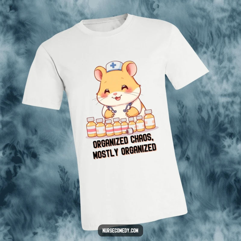 Funny Hamster Nurse T-Shirt: Adorable hamster doctor meticulously arranging small medicine bottles with a smile.