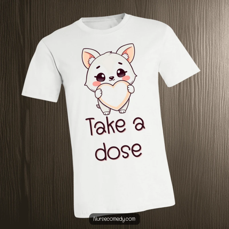 Funny Health Animal T-Shirt: An animal character winks playfully while holding a giant heart-shaped pill.
