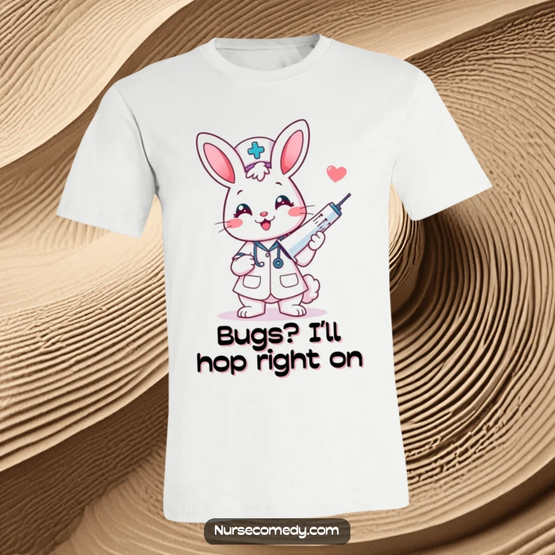 A smiling kawaii bunny nurse humorously wields a giant syringe on a funny t-shirt design.