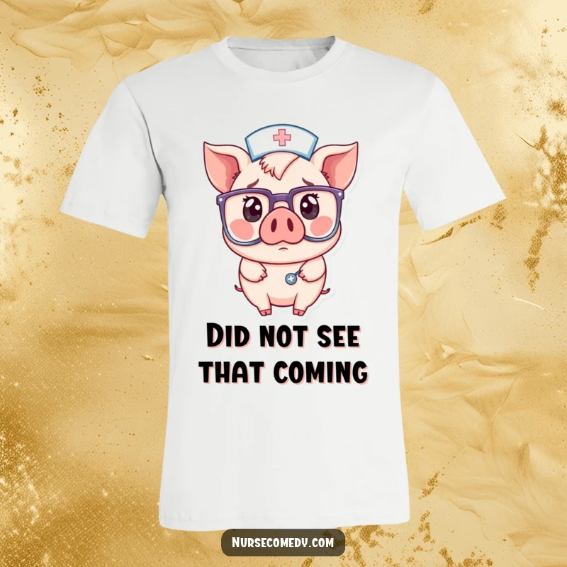 Funny t-shirt with a kawaii pig nurse character looking utterly surprised behind extremely large, thick-rimmed glasses, exuding cuteness overload.