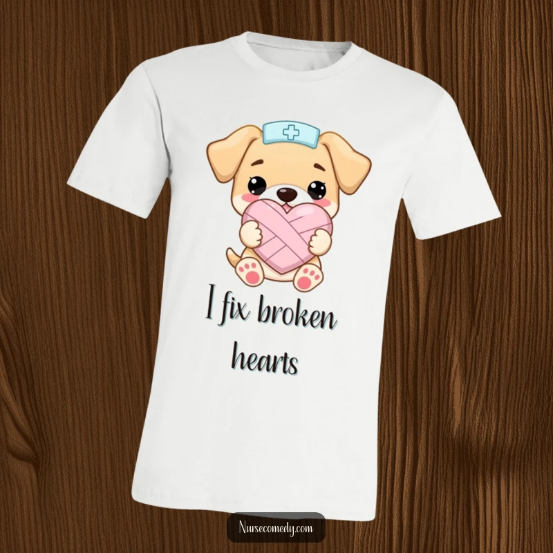 Funny Kawaii Puppy Nurse T-ShirtHolding a Bandaged Heart Shape Happily, Ideal for Funny Gifts