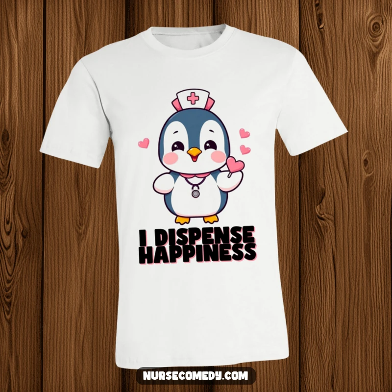Funny Penguin Nurse T-Shirt featuring a cheerful penguin in nurse attire, distributing heart candies with a joyous expression, spreading happiness.