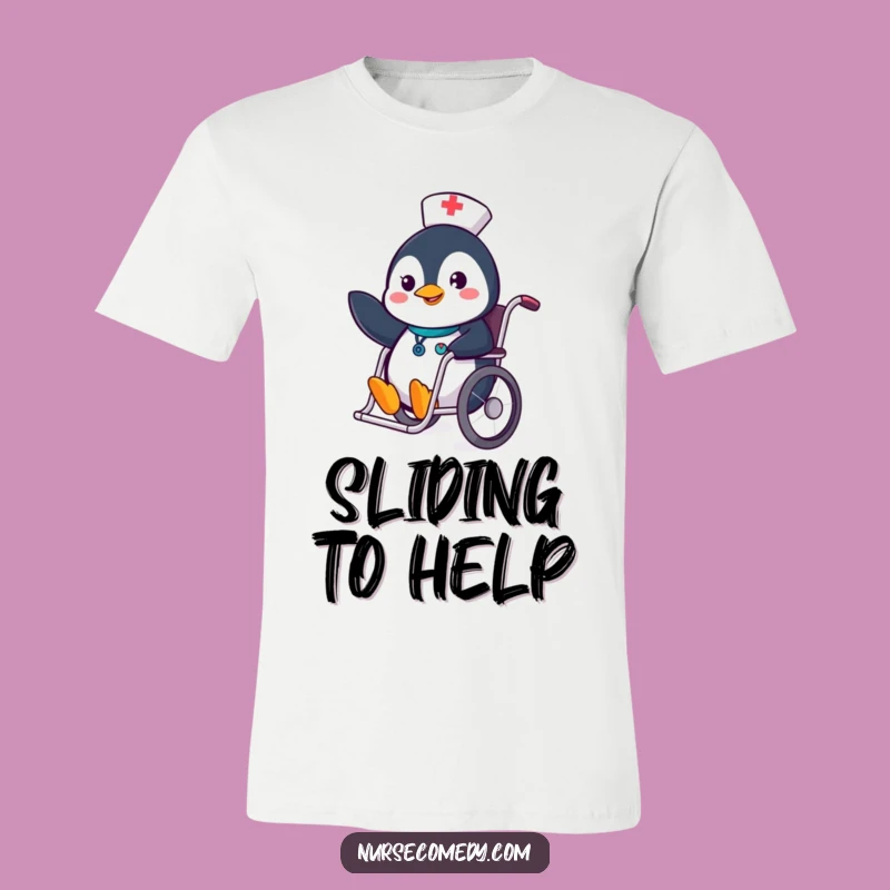 Funny Penguin Nurse T-Shirt - Cheerful Wheelchair Slide, Medical Humor Tee!