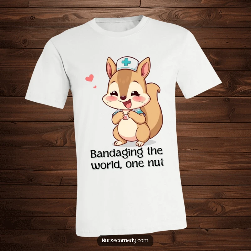 A funny squirrel nurse actively and excitedly puts a bandage on a minuscule boo-boo.
