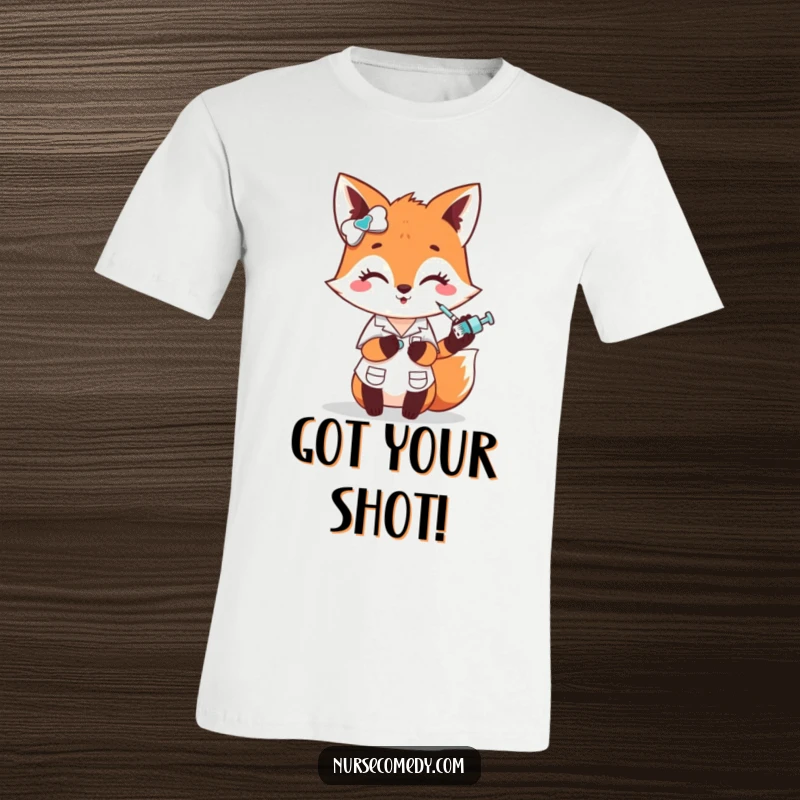 Funny fox nurse t-shirt, a cute character comically giving a small poke with a tiny syringe, ideal funny gift.