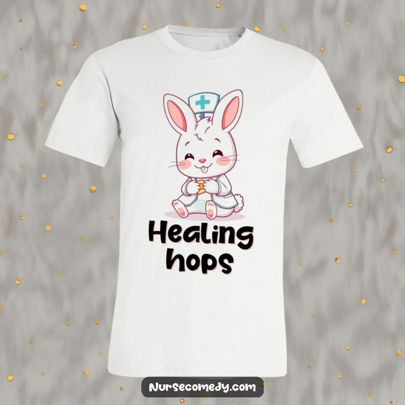 Funny Bunny Nurse T-Shirt: A charming cartoon bunny nurse happily bandages a small patient, showcasing kindness and adorable healthcare.