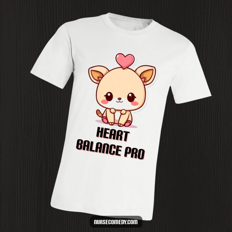 Funny Kawaii Animal T-Shirt featuring a cute character with a heart balanced precariously on its head, looking mischievously happy.