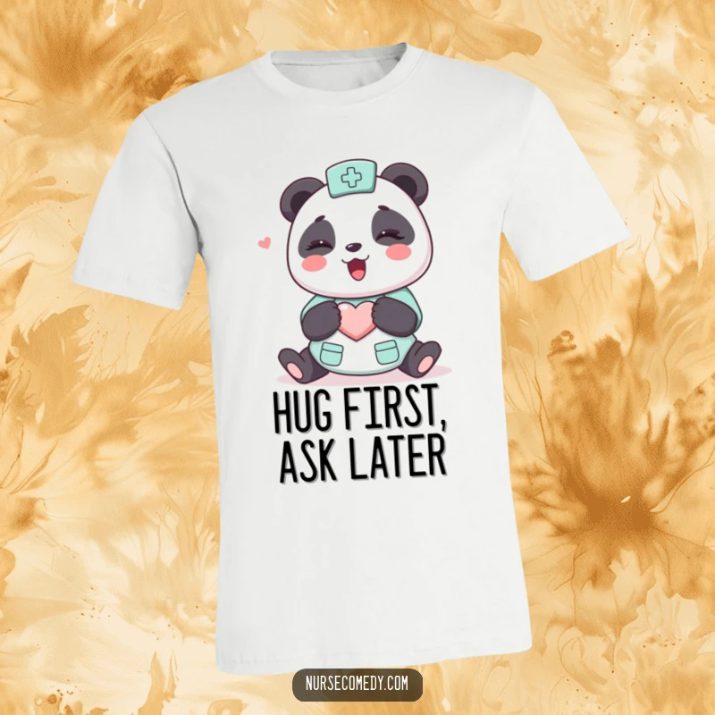 Funny Kawaii Panda Nurse T-Shirt, cartoon character giving an enthusiastic hug, heart on chest, promoting kindness and joy.