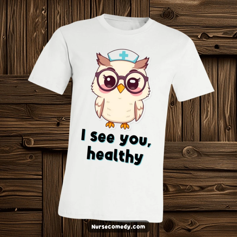 Funny Kawaii Owl Nurse T-ShirtPeering Through Oversized Spectacles with a Smile, Ideal for Funny Gifts