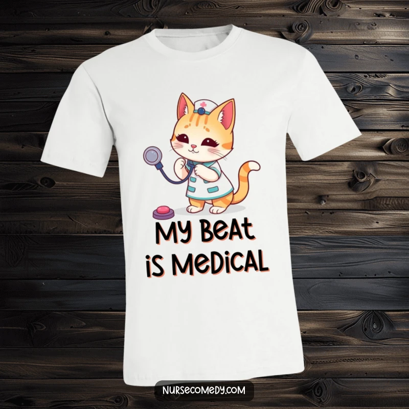 Funny Cat Nurse T-Shirt featuring a cute cat character in scrubs gleefully playing with a stethoscope, a humorous take on healthcare professionals.