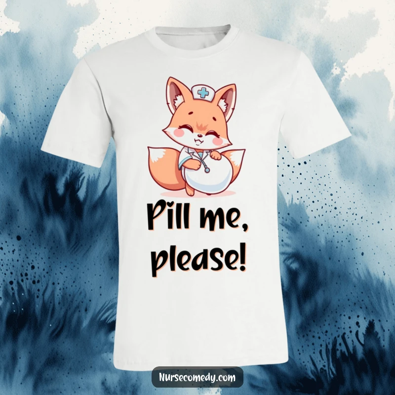 Funny Kawaii fox nurse lurking behind a huge pill capsule with a mischievous grin on a t-shirt.