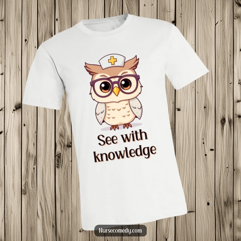 Funny Kawaii Owl Nurse T-Shirt: A cute cartoon owl wearing nurse scrubs and oversized spectacles smiles knowingly, representing smart caregiving.