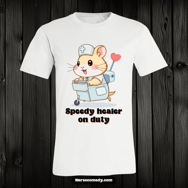 Funny hamster nurse t-shirt, a cute hamster in uniform rapidly pushing a medicine cart, conveying urgency and humor.