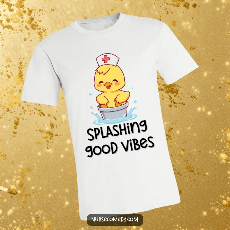 Funny Duck Nurse T-Shirt: happy duck splashing water, symbolizing fun therapy as a funny gift.