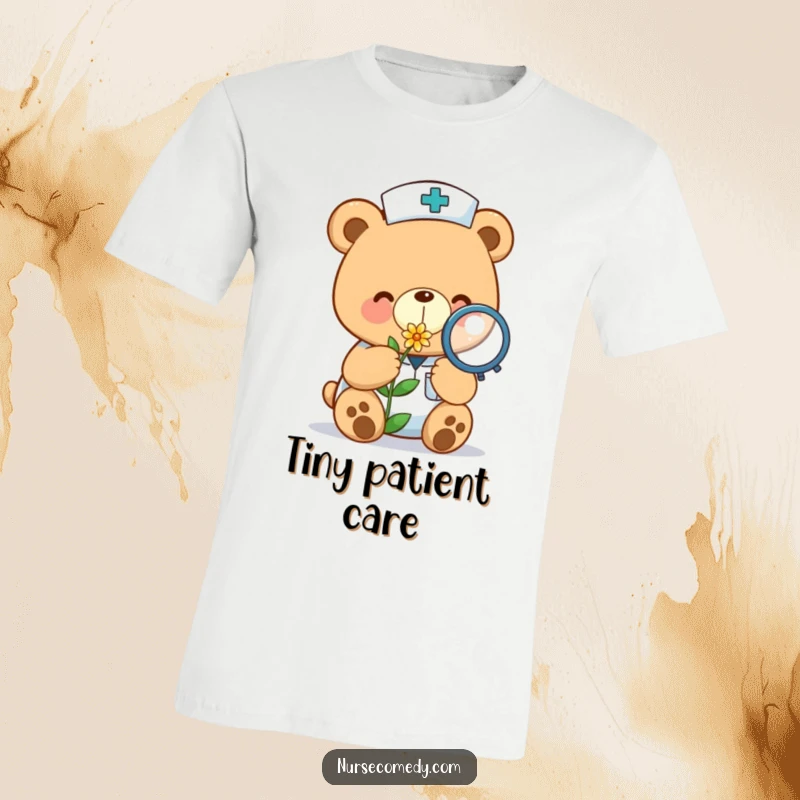 Funny kawaii bear nurse t-shirt closely inspecting a small flower with a magnifying glass, expressing tenderness.