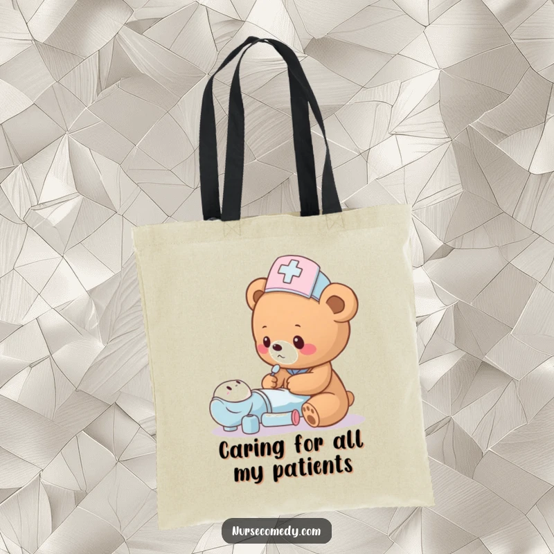 Funny bear cub nurse tending to a toy patient, a sweet and humorous tote bag for carrying essentials.