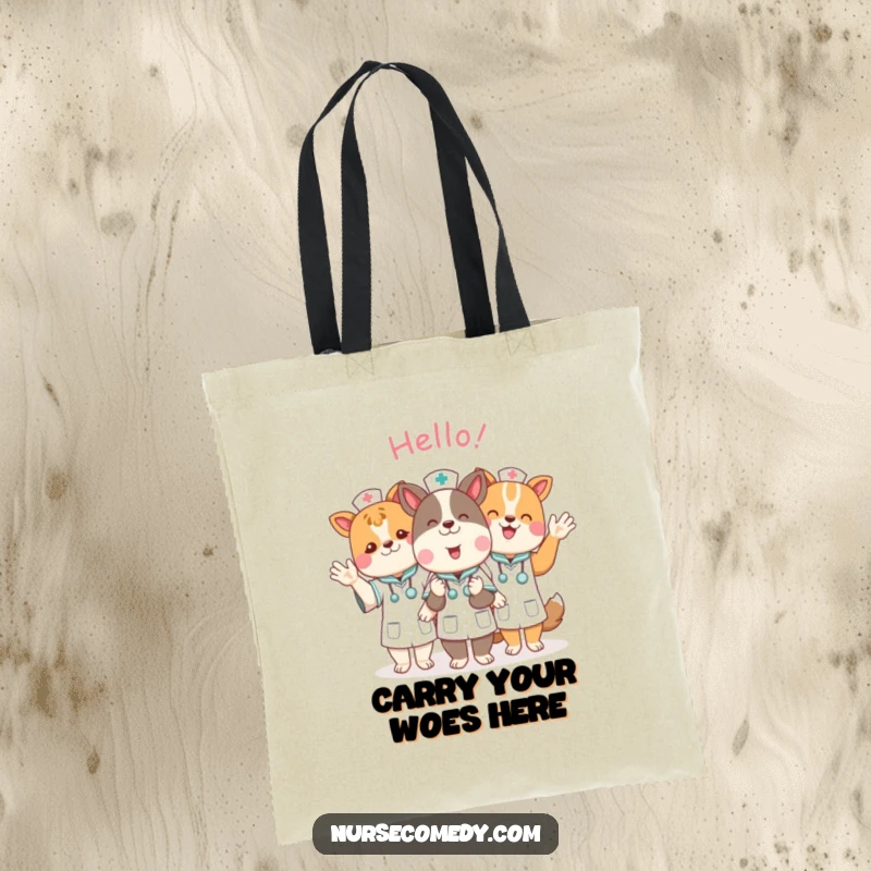 Funny animal nurse characters waving hello in a charming group illustration, printed on a reusable tote bag.