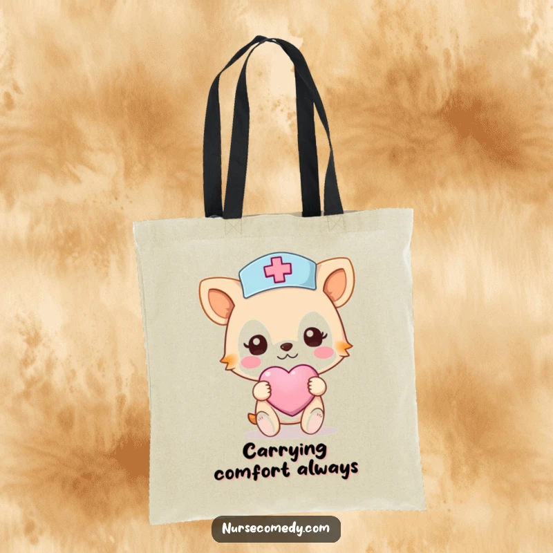 Funny Nurse Animal Tote Bag: A tote bag with a caring animal character in a nurse hat holding a heart-shaped bandage.