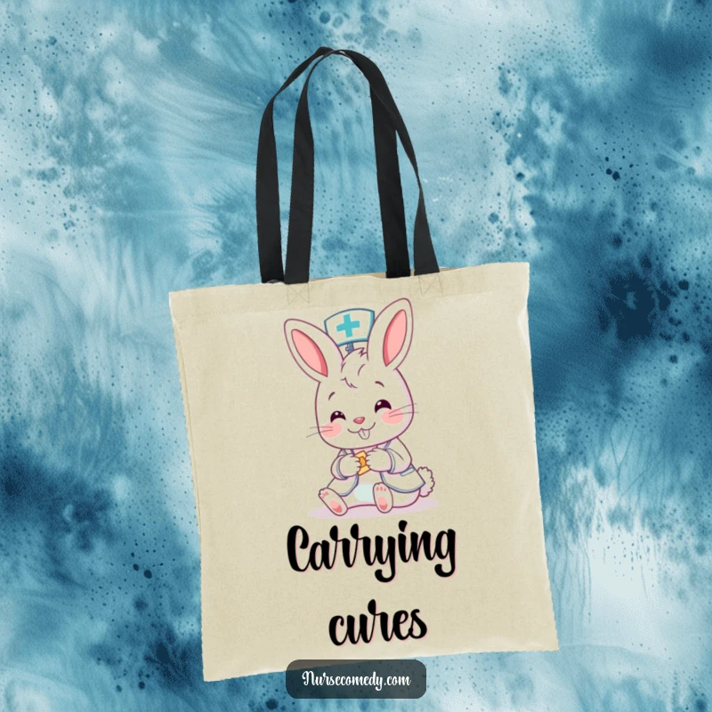Funny Bunny Nurse Tote Bag: A lovable cartoon bunny nurse kindly applies a bandage, making this tote a symbol of heartwarming care.
