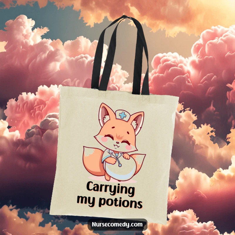 Funny Kawaii fox nurse hiding behind a giant pill on a durable tote bag, witty accessory.