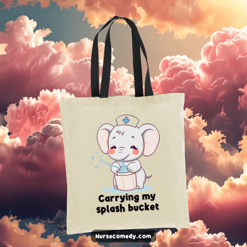 Funny Kawaii Elephant Nurse Tote Bag, cute cartoon character splashing water with a bucket, ideal for daily use and happy carrying.