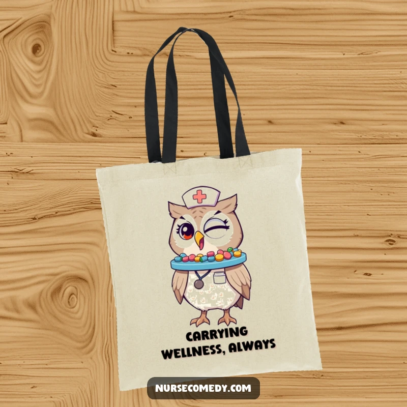 Funny Winking Owl Nurse Tote Bag: A cute owl nurse character balances a tray of colorful pills on its beak for a humorous touch.