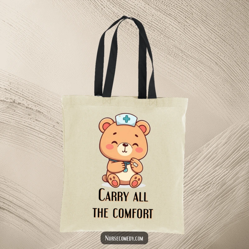 Funny bear nurse cheerfully bandaging a tiny paw, depicted on a sturdy tote bag, a humorous and practical funny gift for healthcare professionals.