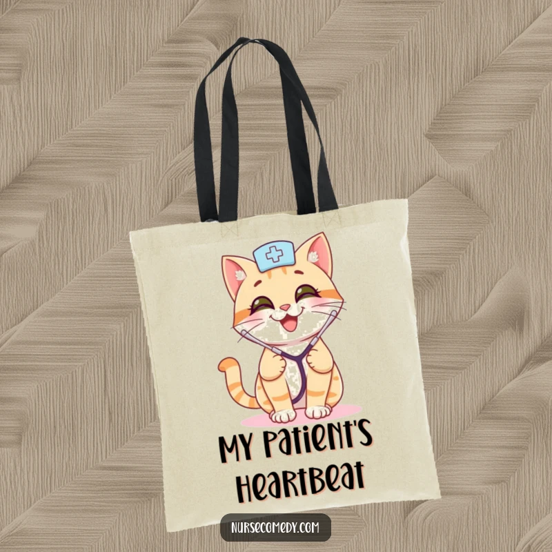 Funny cat nurse tote bag with a smiling kitty wearing a stethoscope, bouncing playfully, perfect for carrying essentials with feline flair.