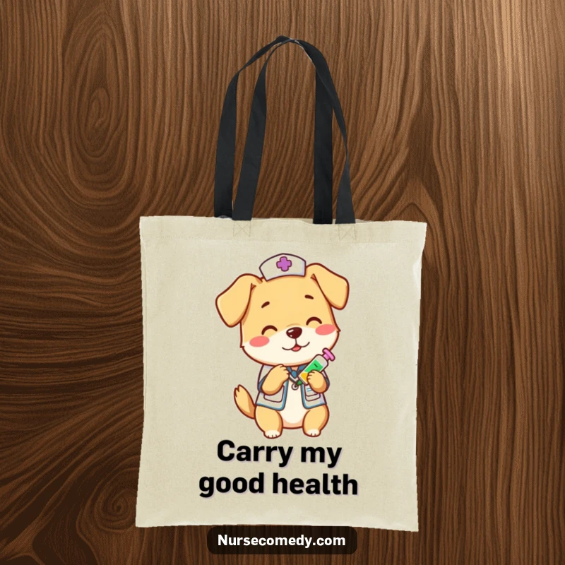 Funny dog nurse playfully administering a vitamin shot, depicted on a sturdy tote bag, a humorous and practical funny gift for pet parents.