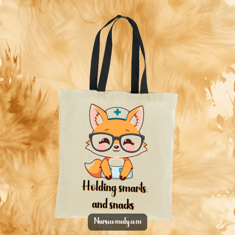Funny fox nurse tote bag with a smiling fox peeking over glasses, perfect for carrying essentials with a touch of warmth.