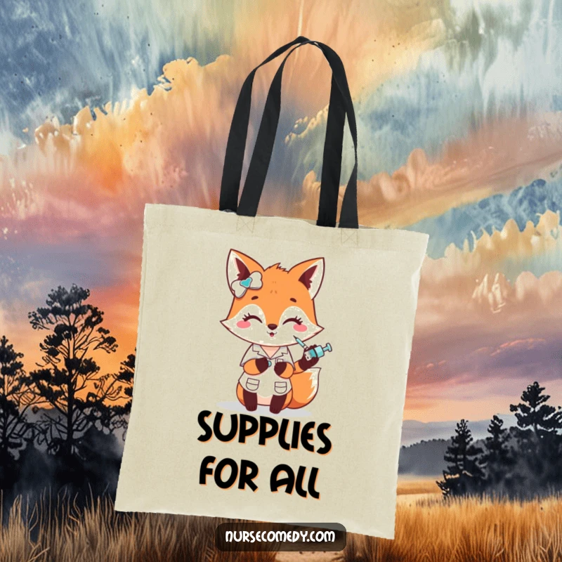 Funny fox nurse tote bag, a cute character comically giving a small poke with a tiny syringe, handy funny gift.