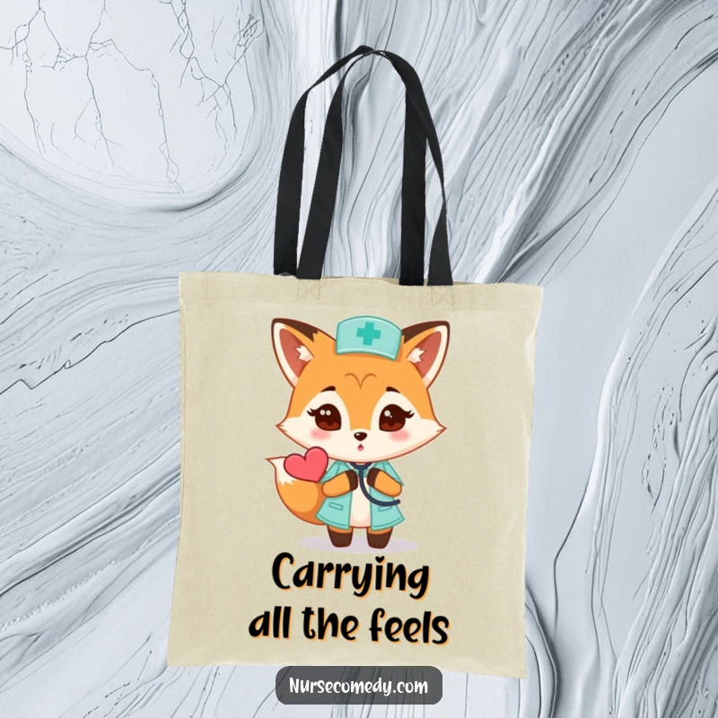 Funny Fox Nurse Tote Bag with a curious fox examining a heart with a stethoscope, a charming funny gift.