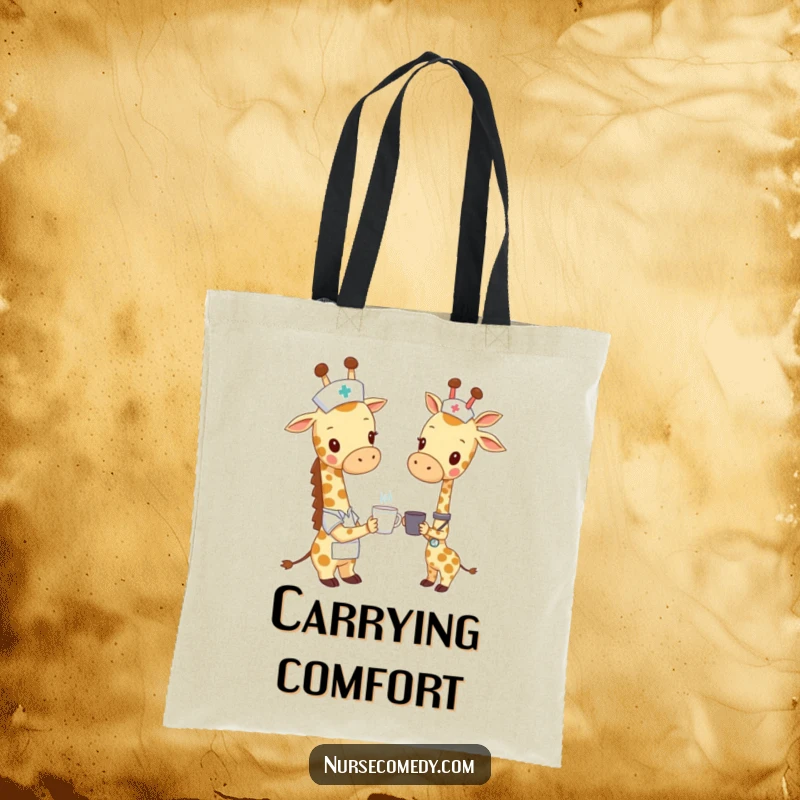 Funny giraffe nurse tote bag, featuring a giraffe nurse offering a tiny cup, perfect for carrying items with a humorous and caring touch.