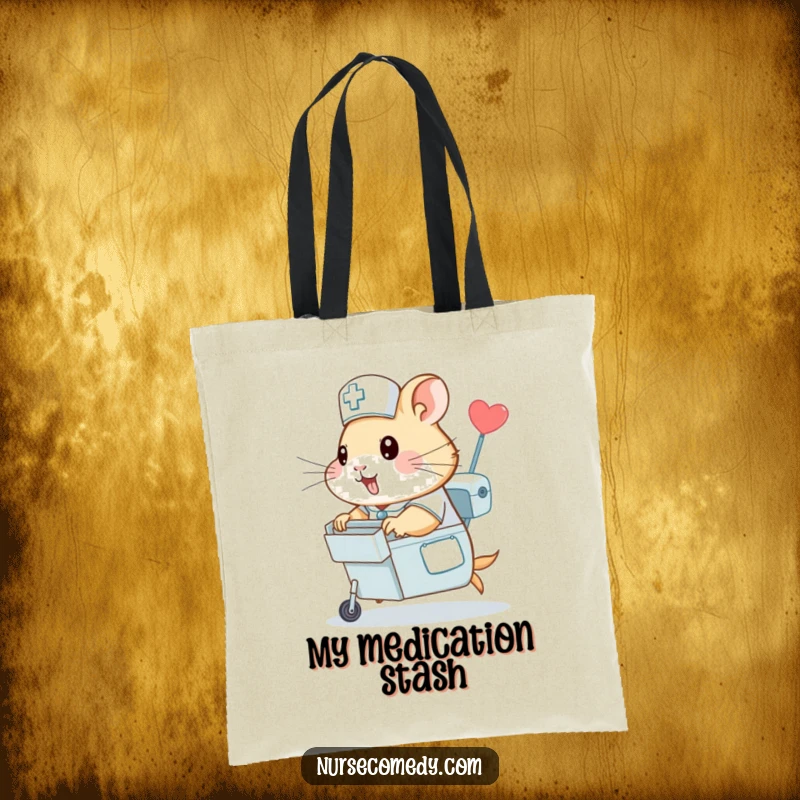 Funny hamster nurse tote bag, featuring a hamster nurse pushing a medicine cart, perfect for carrying items with a humorous and speedy touch.