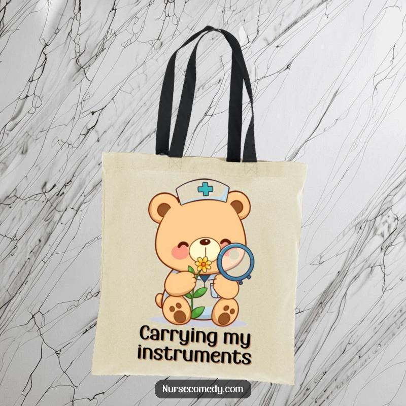 Funny kawaii bear nurse tote bag examining a tiny flower with a magnifying glass, perfect for carrying daily essentials.