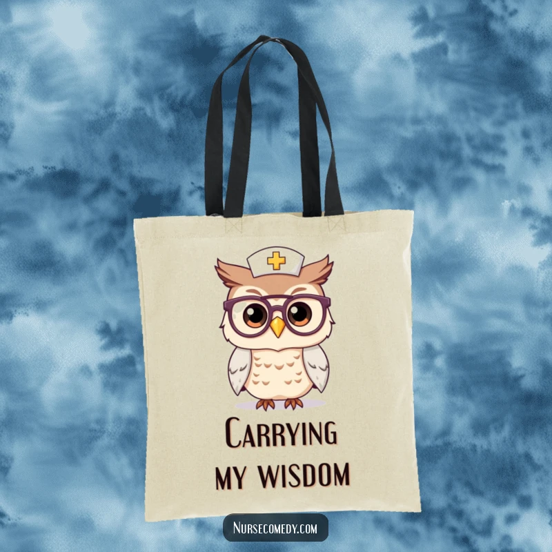 Funny Kawaii Owl Nurse Tote Bag: A cute owl in nurse uniform uses big glasses to peer curiously, symbolizing observant care and intelligence.