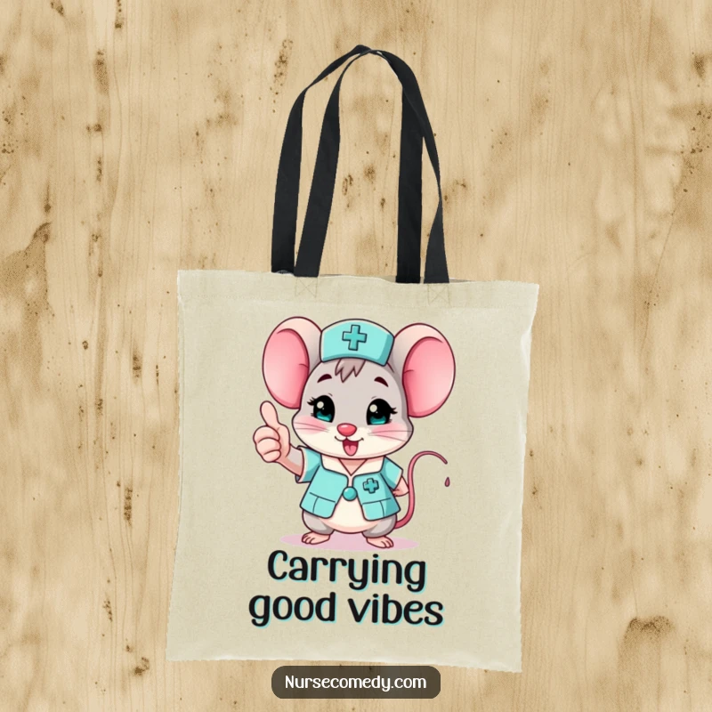 Funny mouse nurse tote bag, a cute character giving a cheerful thumbs up, perfect for a funny gift.