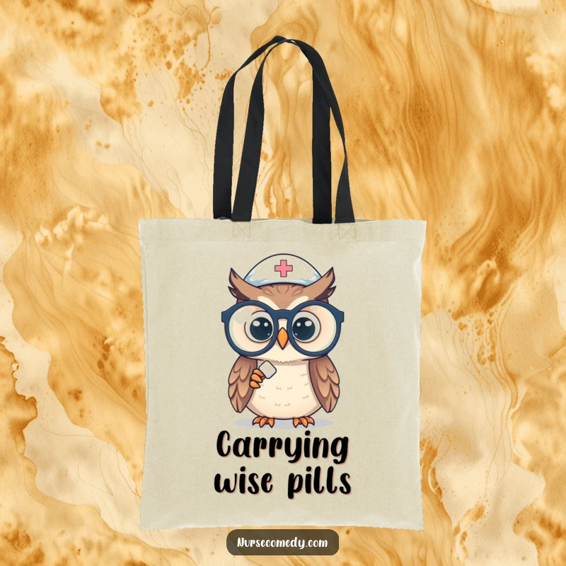 Funny owl nurse tote bag featuring a curious owl in nurse gear, examining a pill through oversized spectacles, perfect for essentials.
