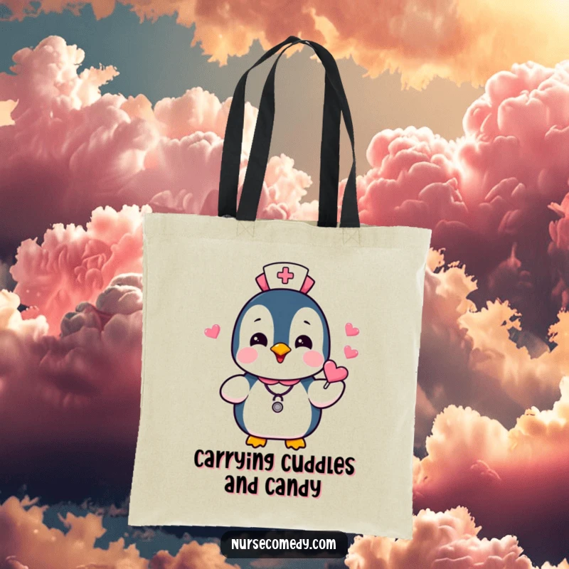 Funny Penguin Nurse Tote Bag featuring a gleeful penguin character handing out small heart candies, symbolizing kindness and a humorous touch.