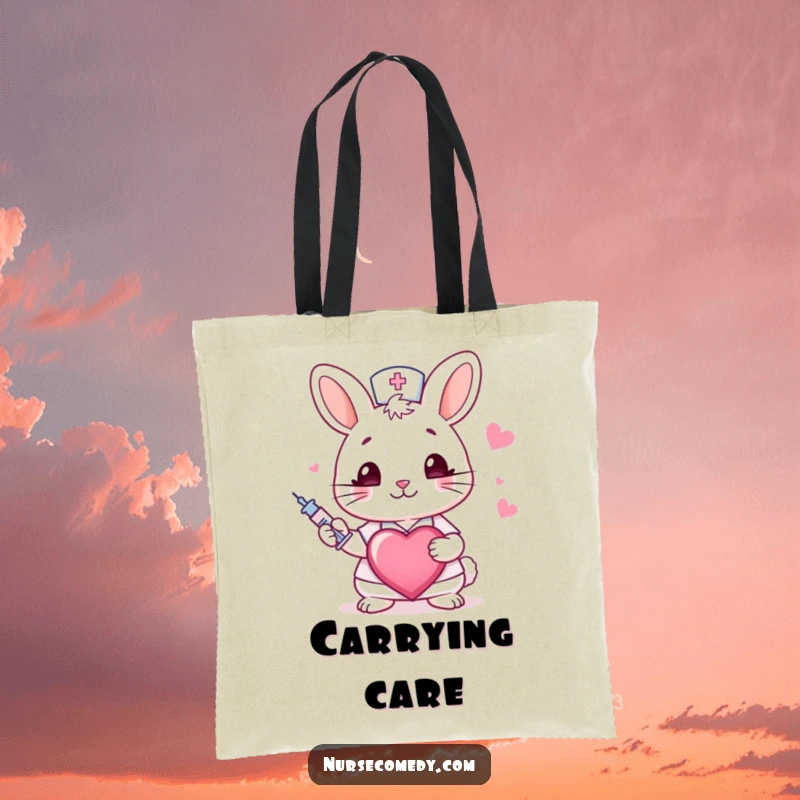 Funny rabbit nurse tote bag with a winking bunny, syringe, and heart, perfect for carrying essentials with a humorous nod to healing.